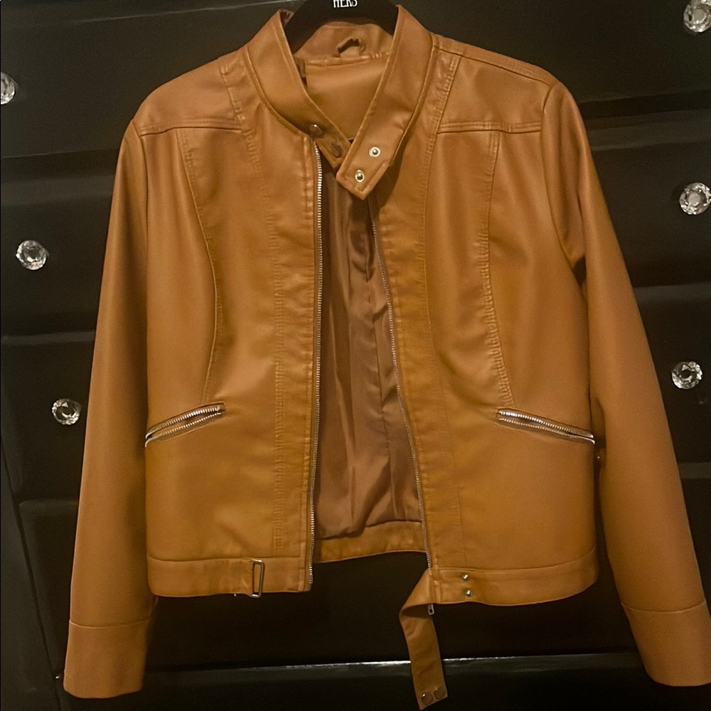 Faux Tan Leather Jacket with Stand-Up Collar and Fitted Silhouette